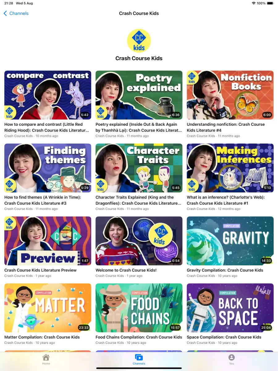 A channel page in the kid app: that channel's own videos, in order, and nothing else