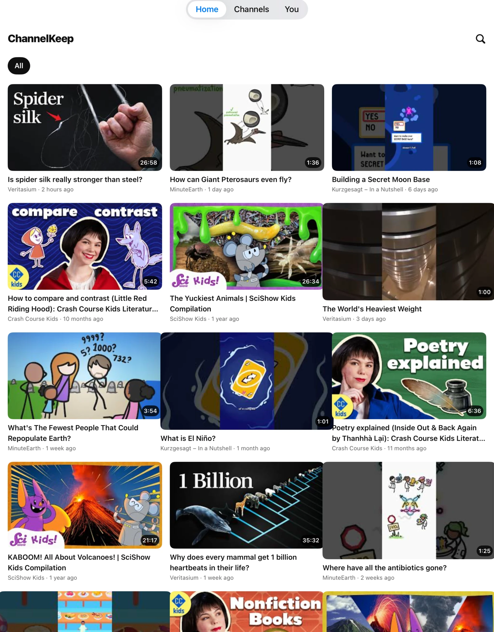 The kid app on an iPad: a feed built only from the channels this family chose