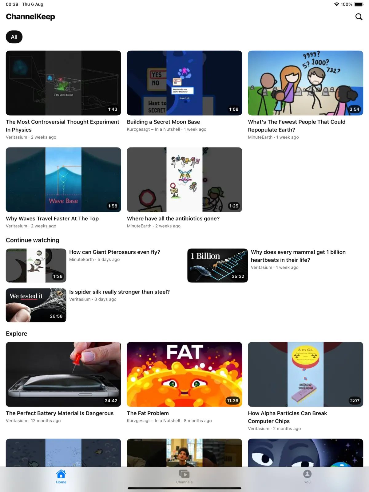 The kid app on an iPad: a home feed built only from the channels this family chose
