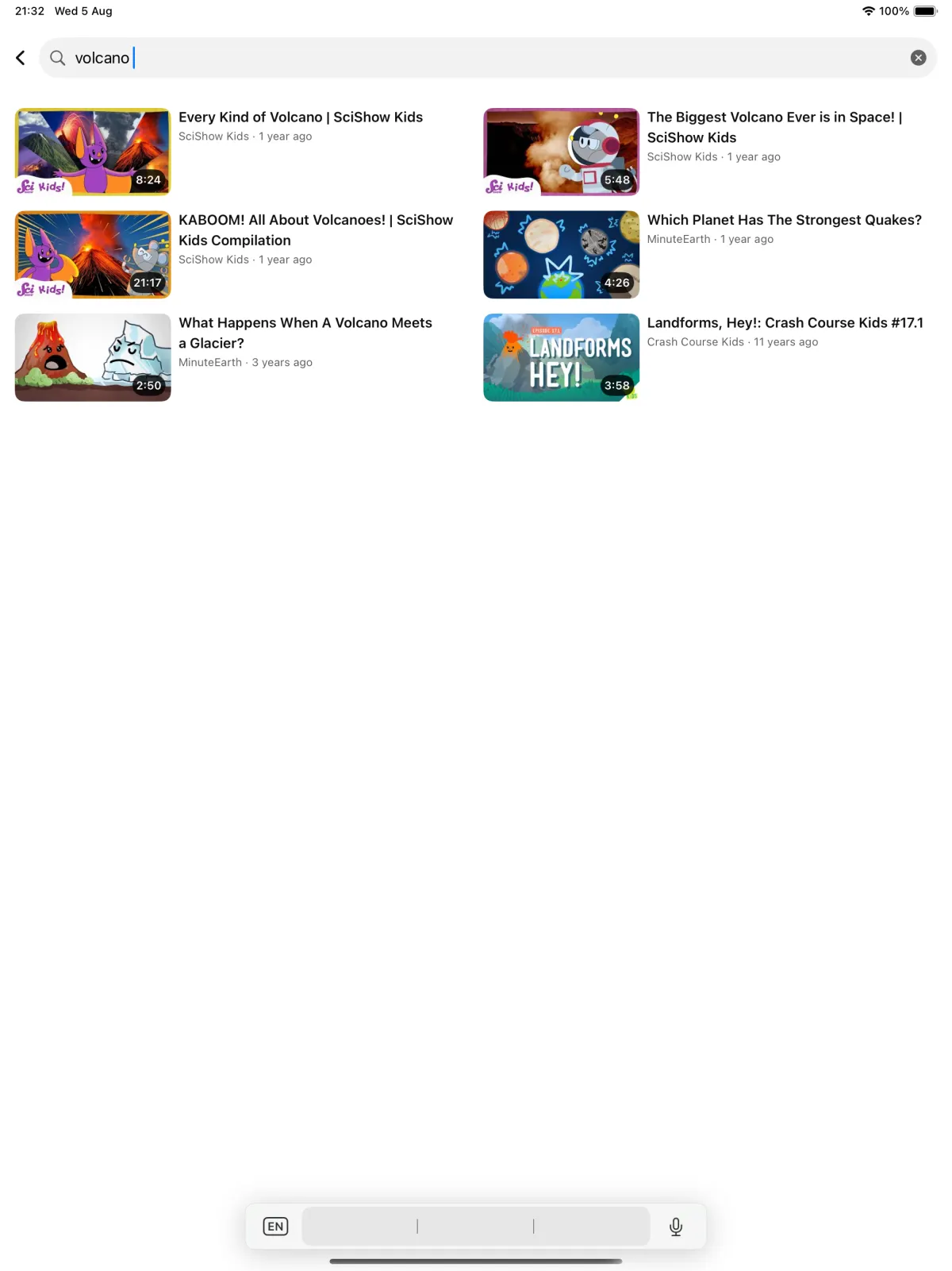 Search in the kid app: "volcano" finds videos only from this family’s channels