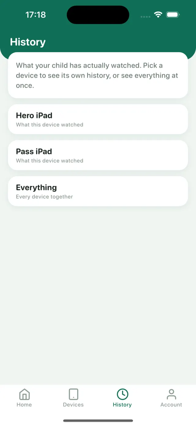 The history screen: what your child has actually watched, per device or all together