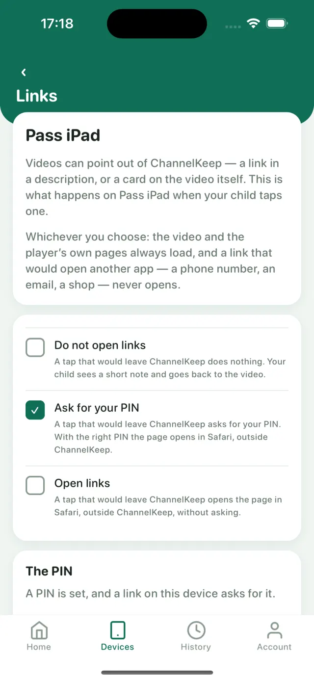 The link policy screen: do not open links, ask for your PIN, or open links