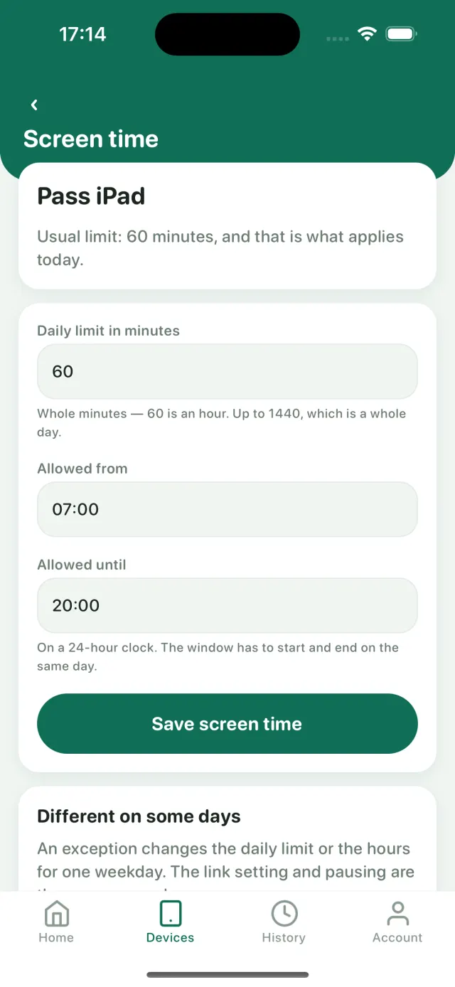 The parent app's screen-time controls for one device