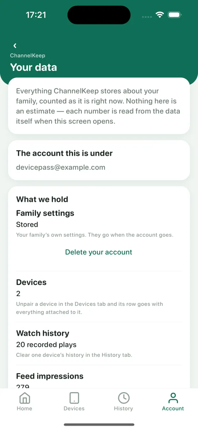 The parent app's Your Data screen: everything stored, with a delete beside each item